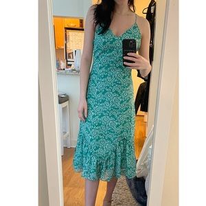 Green floral midi dress with ruffle detail